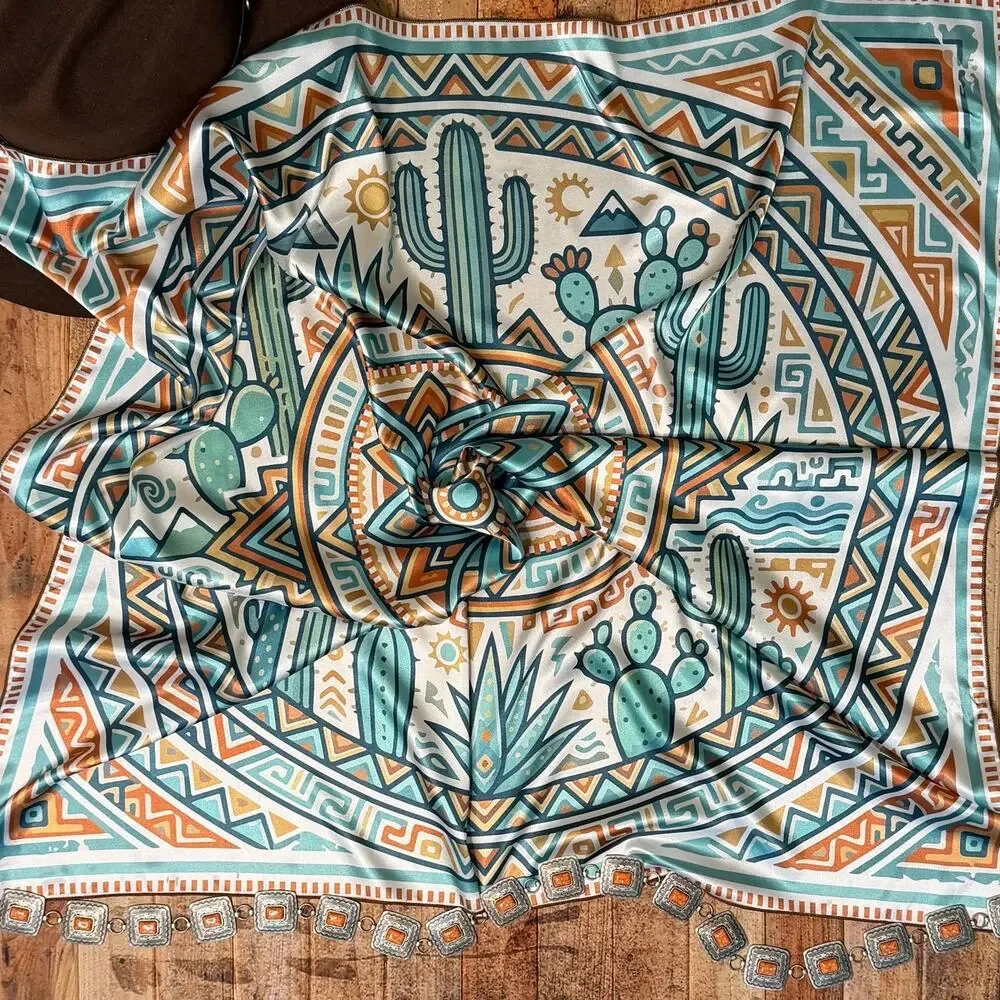 Aztec Cacti Print Silky Wild Rag | 36x36 | Jade & Rust